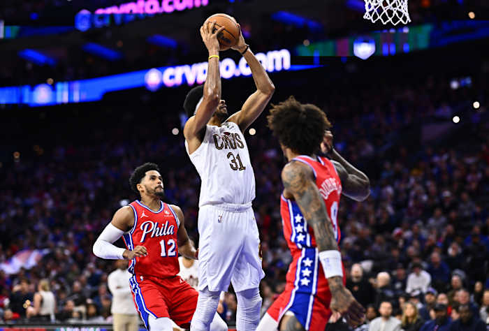 Feb 23, 2024; Philadelphia, Pennsylvania, USA; Cleveland Cavaliers center Jarrett Allen (31) shoots against the Philadelphia 76ers in the second quarter at Wells Fargo Center.